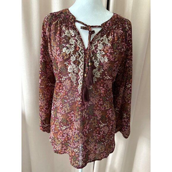 Mason and Belle Floral Flowy Burgundy Floral Blouse Size Large - Picture 4 of 7